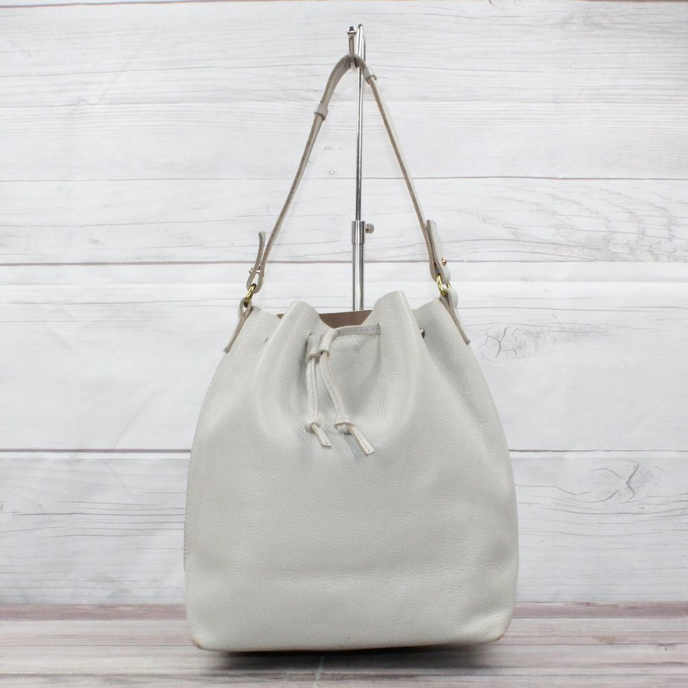 Mark and Graham Gray Leather Drawstring Shoulder Bucket Handbag